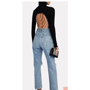 DODO BAR OR Women's Black Ribbed Bodysuit Size 12 Rhinestone Back